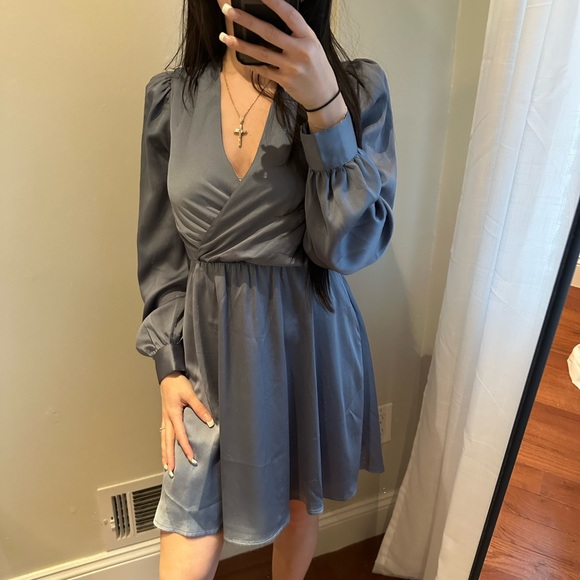 Express Satin Blue Tie Waist Dress - Picture 6 of 6